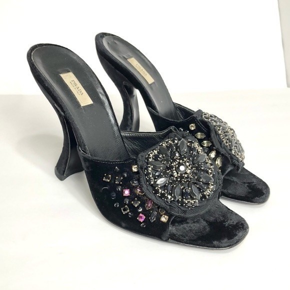 PRADA Velvet embelished heels Crystal Rhinestone curved heel 37.5 - Picture 16 of 16
